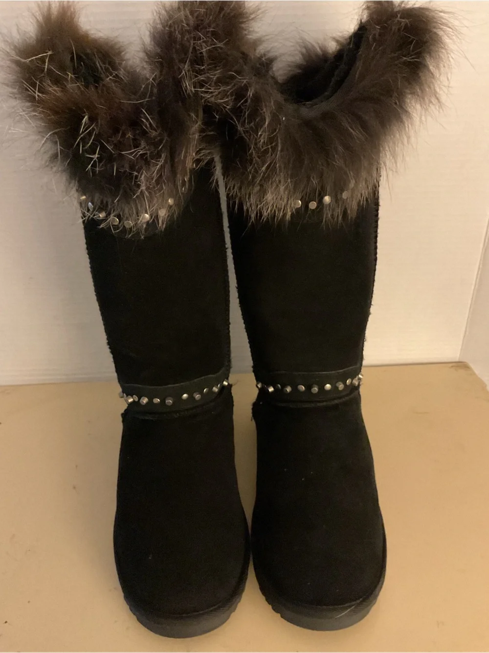 Australia collection women black suede fur stud tall boots US 8